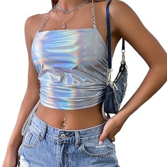 SHEIN Women's Holographic Drawstring Side Chain Strap Crop Halter Top- Small - Picture 5 of 11